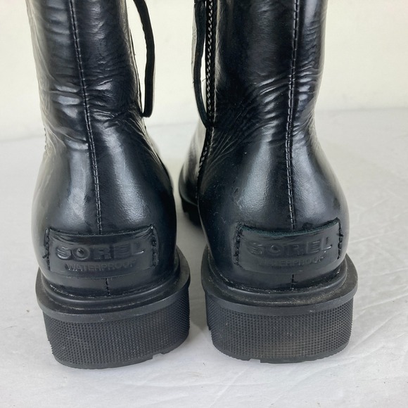 Sorel Womens Sz 6 Black Oiled Leather Lug Sole Ankle Boots Side Zip Block Heel - Picture 7 of 10